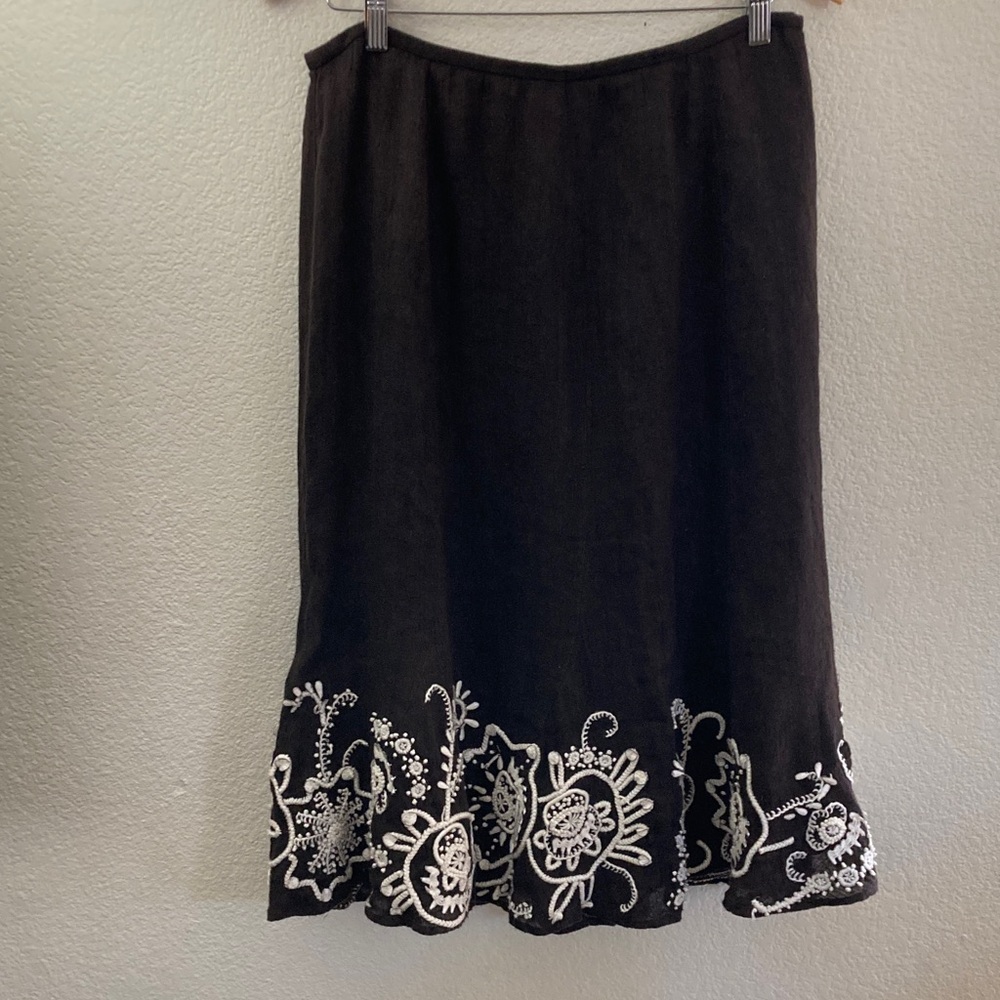 Lafayette 148 NY brown midi 100% linen Skirt Embroidery flair boho classic